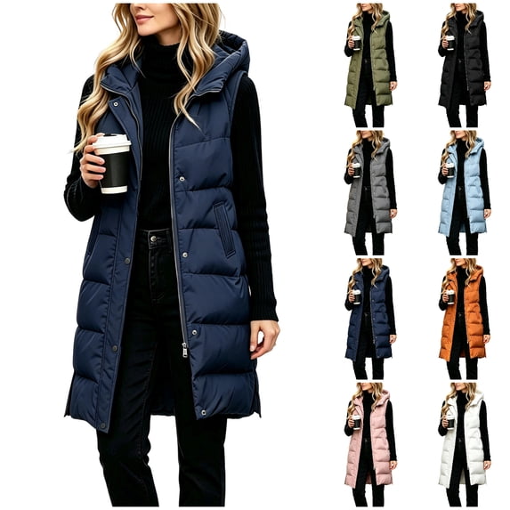 Agkizg Women's Long Hooded Puffer Vests, Sleeveless Quilted Gilet, Full Zip Up Warm Winter Outerwear with Side Pockets, Casual Longline Vests for Fall Winter