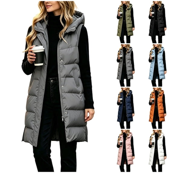 Agkizg Women's Long Hooded Puffer Vests, Sleeveless Quilted Gilet, Full Zip Up Warm Winter Outerwear with Side Pockets, Casual Longline Vests for Fall Winter