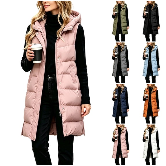 Agkizg Women's Long Hooded Puffer Vests, Sleeveless Quilted Gilet, Full Zip Up Warm Winter Outerwear with Side Pockets, Casual Longline Vests for Fall Winter