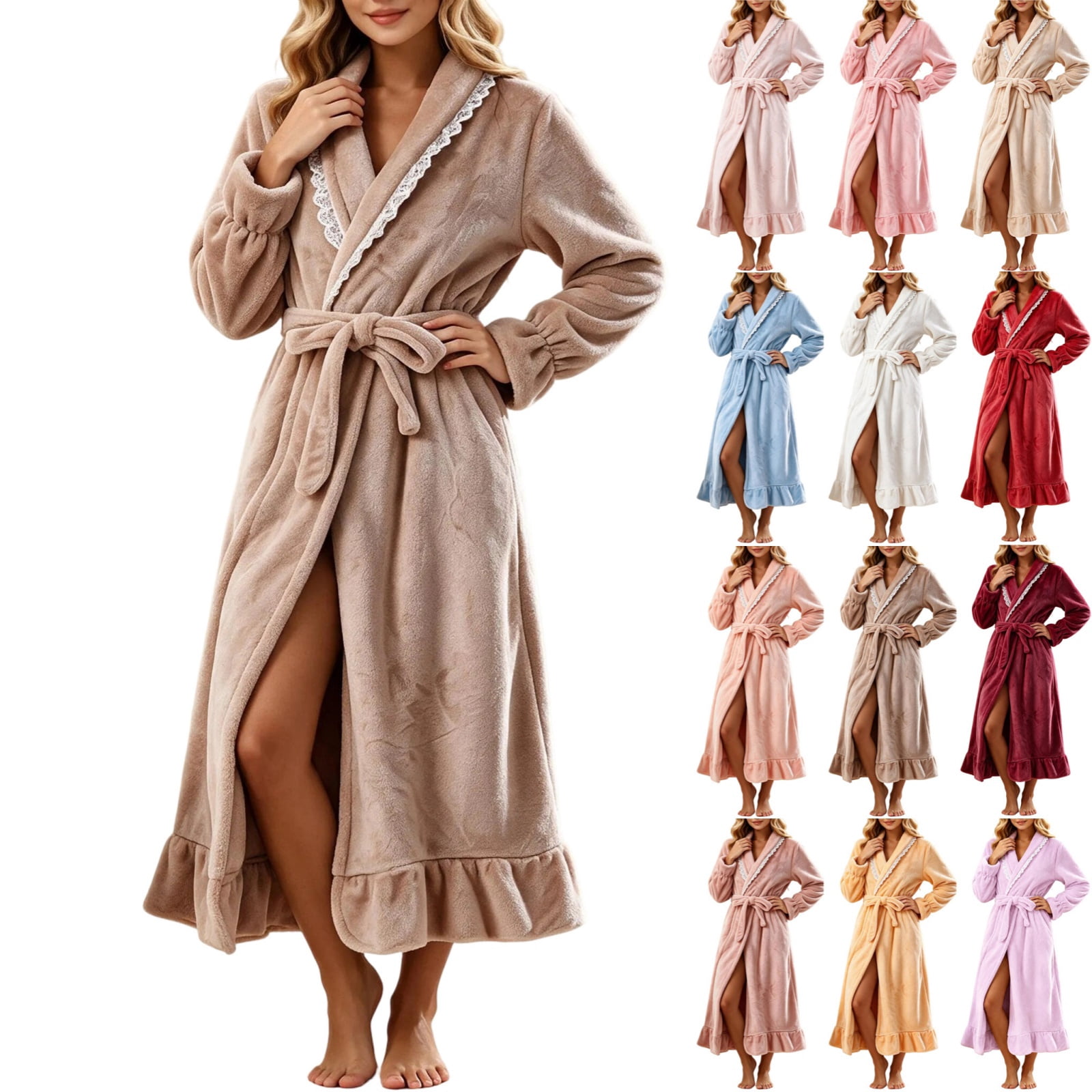 Agkizg Women's Long Plush Robe Lace Trim Bathrobe with Belt Ruffle Hem ...