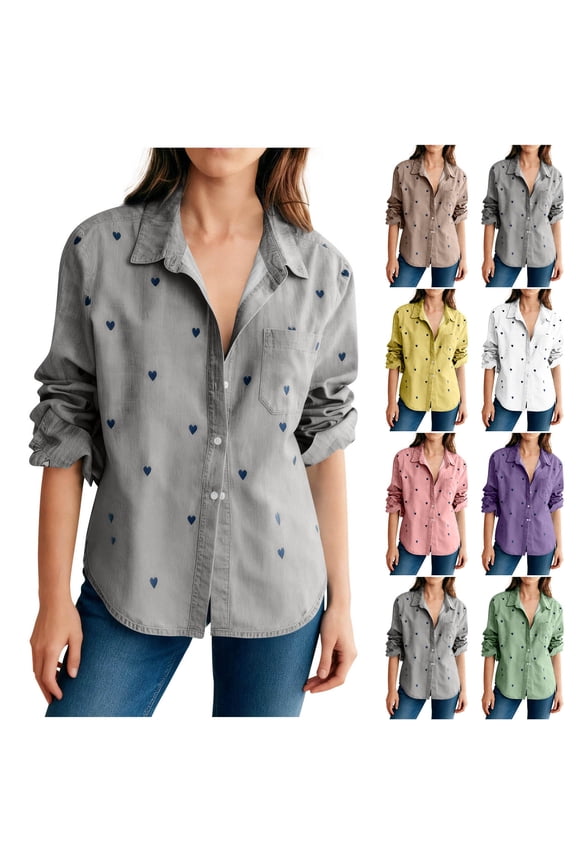Women's Long Sleeve Button Down Shirt, Heart Print Collared Blouse, Casual Fashion Top