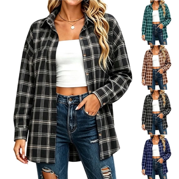 Agkizg Women's Plaid Button Down Shacket Long Sleeve Turn-Down Collar Fall Lightweight Oversized Flannel Jacket