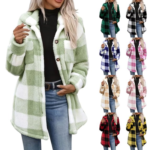 Agkizg Women's Plaid Hooded Teddy Fleece Coat, Button Front Sherpas Jacket with Pockets, Warm Fall Winter Outerwear