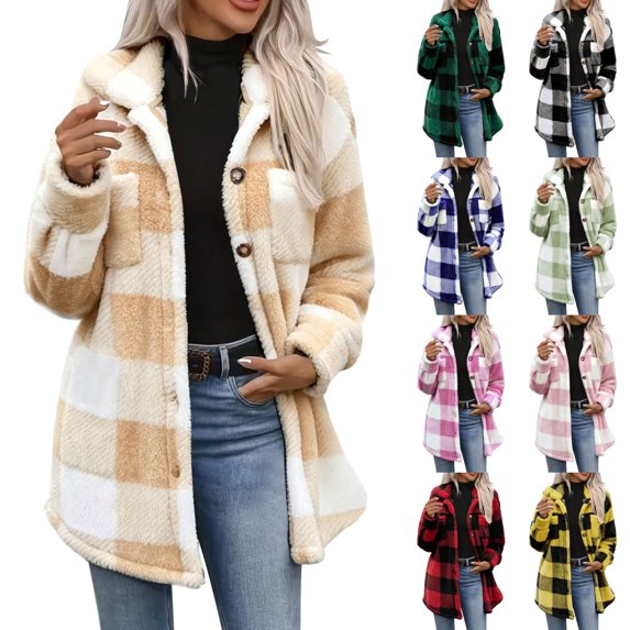 Agkizg Women's Plaid Hooded Teddy Fleece Coat, Button Front Sherpas Jacket with Pockets, Warm Fall Winter Outerwear