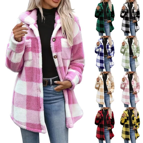 Agkizg Women's Plaid Hooded Teddy Fleece Coat, Button Front Sherpas Jacket with Pockets, Warm Fall Winter Outerwear