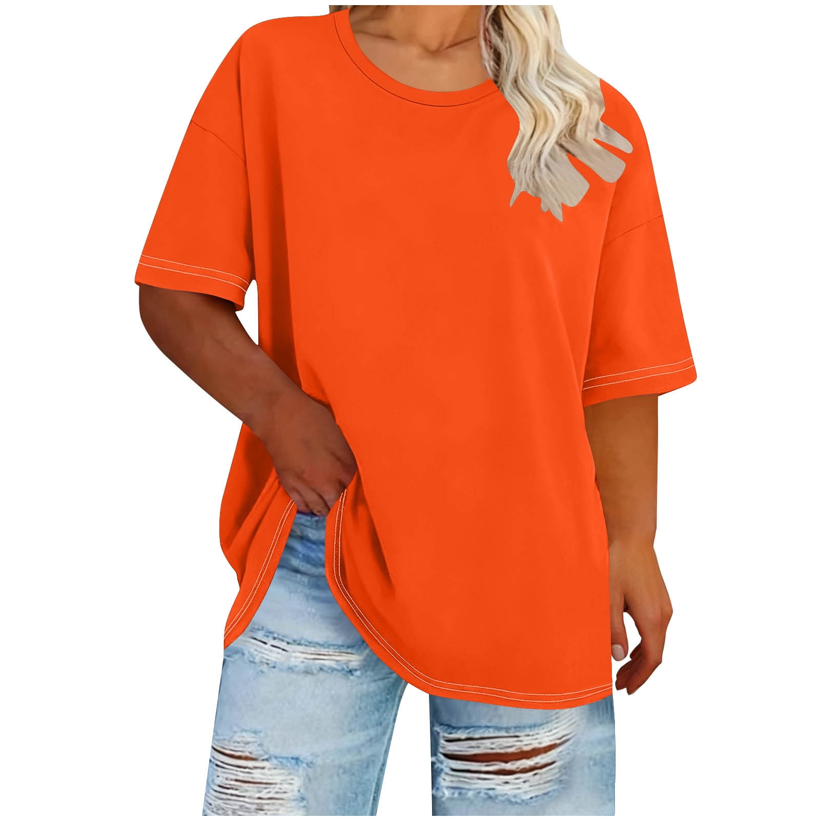 Agkizg Women's Plus Size Crew Neck Short Sleeve T Shirt Solid Color ...