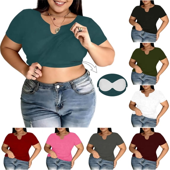 Agkizg Women's Plus Size Tank Top Crew Neck Short Sleeve Built-in Bra Wireless Solid Color Loungewear