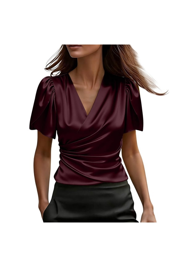 Women's Puff Sleeve V-Neck Blouse, Short Sleeve Summer Solid Color Top, Romantic Cottagecore Style Shirt, Flowy Casual T-Shirt