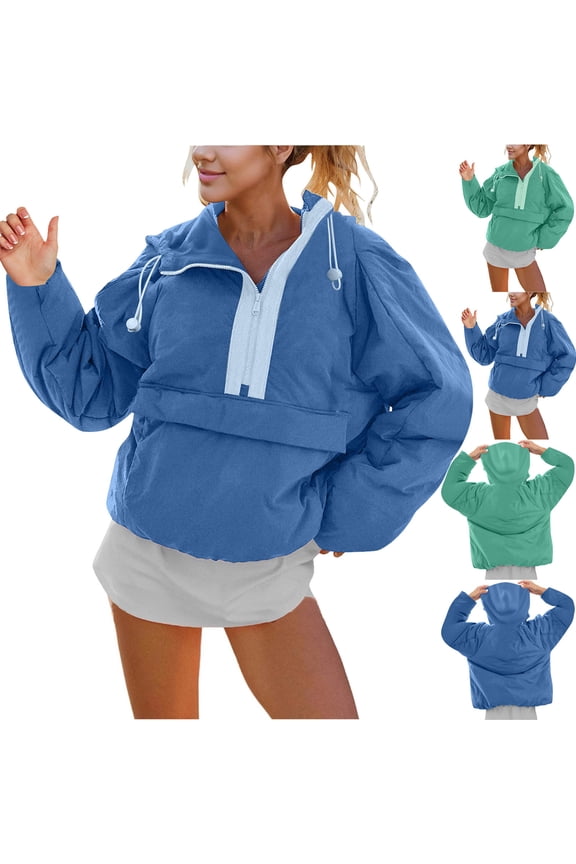Women's Pullover Hooded Down Jacket Long Sleeve Half-Zip Oversized Winter Coat with Drawstring
