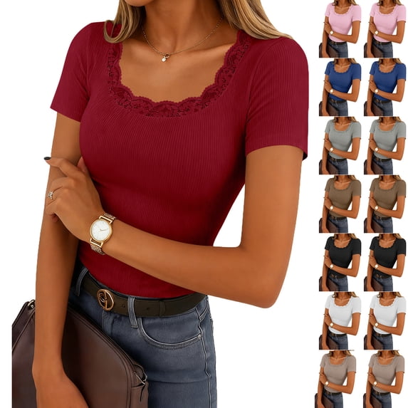 Agkizg Women's Ribbed Knit Blouse Short Sleeve U Neck Lace Trims Fitted Layering Top