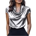 thumbnail image 1 of Agkizg Women's Satin Cowl Neck Short Sleeve T Shirt Solid Color Casual Fashion Soft Basic Daily Wear Top, 1 of 5