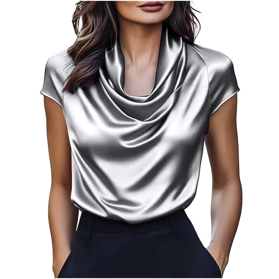 Agkizg Women's Satin Cowl Neck Short Sleeve T Shirt Solid Color Casual Fashion Soft Basic Daily Wear Top