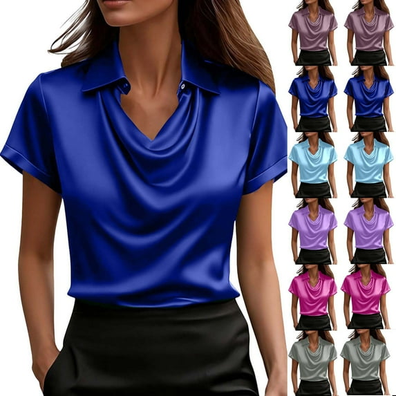 Agkizg Women's Summer Collared Cowl Neck Blouse Solid Color Button Down Short Sleeve Office Top