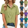 thumbnail image 1 of Agkizg Women's Summer Collared Short Sleeve Blouse Slub Linen Solid Color Button Casual Basic Shirt Top, 1 of 5