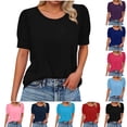 thumbnail image 1 of Agkizg Women's Summer Crew Neck Short Sleeve T Shirt Solid Color Ruffled Loose Fitting Cuff Button Top, 1 of 5