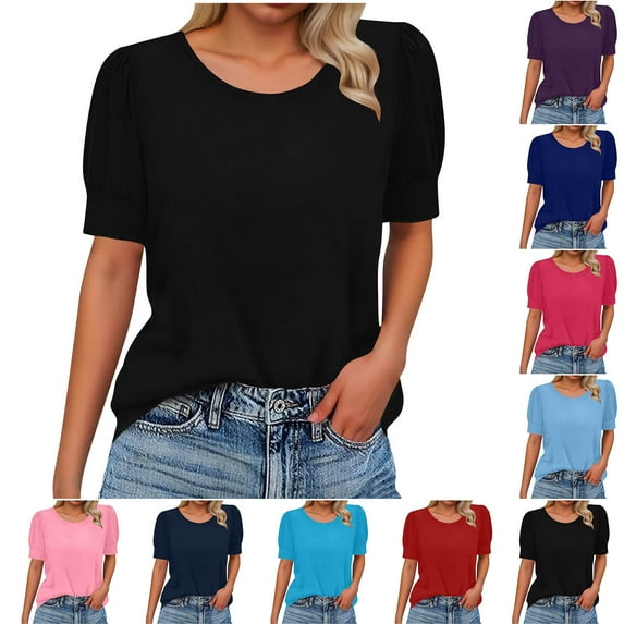 Agkizg Women's Summer Crew Neck Short Sleeve T Shirt Solid Color Ruffled Loose Fitting Cuff Button Top