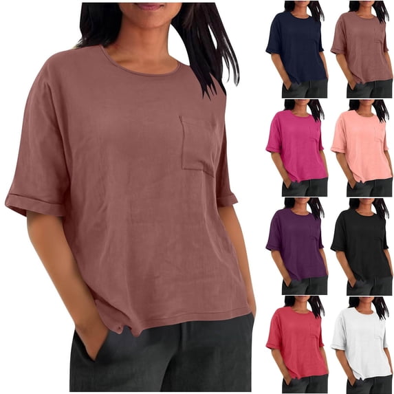 Agkizg Women's Summer Linen Cottons T Shirt Short Sleeve Solid Color Chest Pocket Split Hem Casual Top