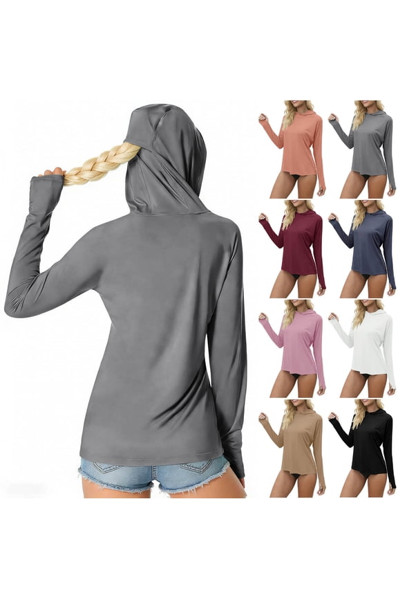 Women's UPF 50+ Rashed Guard, Long Sleeve Hooded Sun Protection Shirt with Thumb Holes and Ponytail Hole, Lightweight Surfing Top
