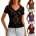 thumbnail image 1 of Agkizg Women's V Neck Short Sleeve Lace Cutout Top Solid Color Slim Fitted Basic Layering Casual Blouse, 1 of 5