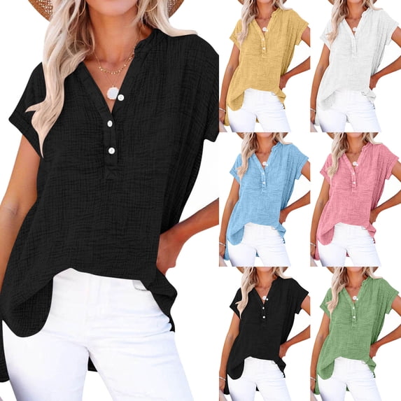 Agkizg Women's V Neck Short Sleeve Pullover Top Solid Color Button Side Split Hem Slub Linen Casual Fashion Blouse