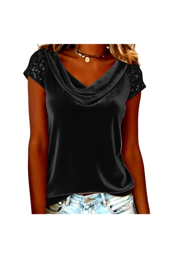 Women's V Neck Short Sleeve Pullover Top Turtleneck Ruffle Sequin Cuff Patchwork Solid Color