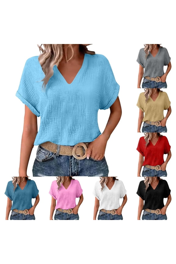 Women's V Neck Short Sleeve T Shirt Solid Color Double Layer Ruffled Loose Soft Casual Summer Top