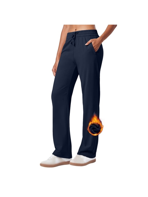 Women's Winter Fleece Lined Pants,Women's Fall Winter Light Fleece Work Pants Elastic Drawstring Straight Leg High Waist Slim Fitting with Pockets Yoga Pants