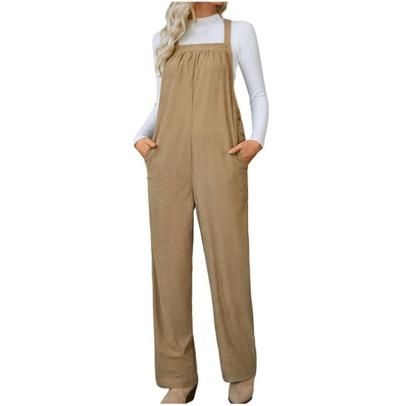 Agkizg Women's Winter Warm Jumpsuit,Women's Wide Leg Overalls,Women's Fall Winter Solid Color Corduroy Jumpsuit Pants with Suspenders and Pockets Casual Daily Wear Pants