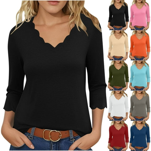 Agkizg Womens Fall Clothing Plus Size Womens Tops 3/4 Sleeve Blouses Solid Color V-Neck Pullover Elegant Loose Top for Fall Winter Daily Outfits XXXL
