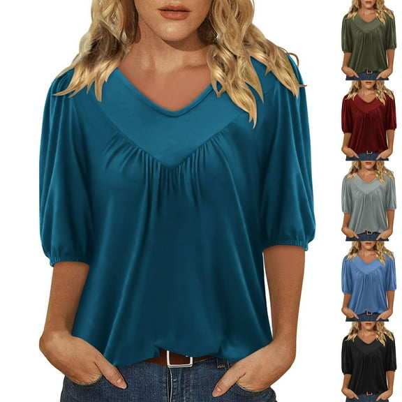Agkizg Womens Fall Clothing Plus Size Womens Tops 5/8 Sleeve Blouses Solid Color Crew Neck 5/8 Sleeve Ruffle Loose Top for Fall Winter Casual Outfits M