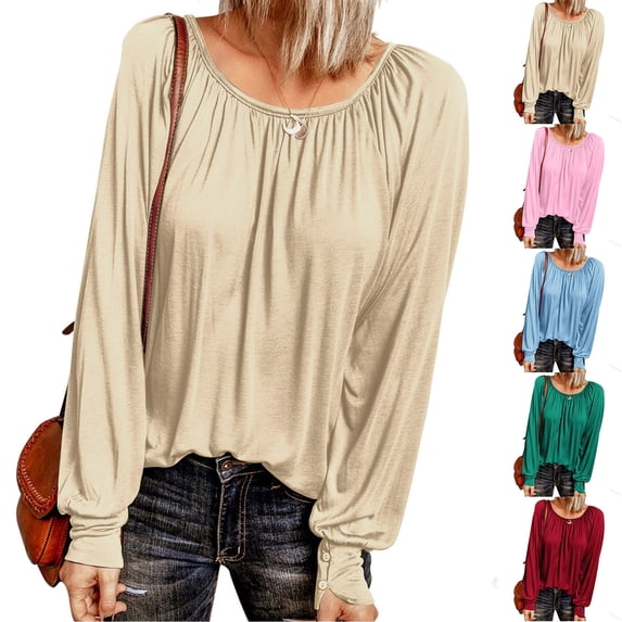 Agkizg Womens Fall Clothing Plus Size Womens Tops Long Sleeve Blouses Casual Crew Neck Solid Color Long Sleeve T Shirts Basic Tops for Fall Winter Outfits M