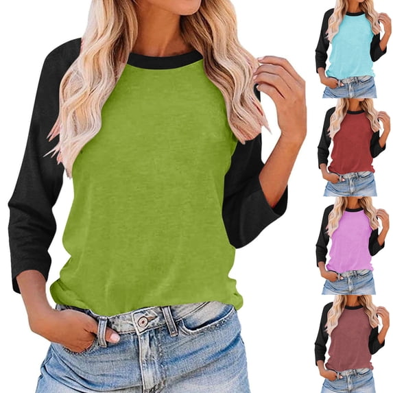 Agkizg Womens Fall Clothing Plus Size Womens Tops Long Sleeve Blouses Color Block Crew Neck 3/4 Raglan Sleeve Loose Fitting T-Shirt for Women Casual Fall Outfits Tops M