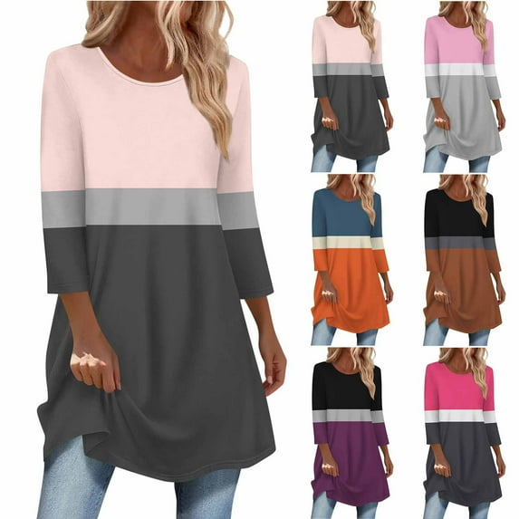 Agkizg Womens Fall Clothing Plus Size Womens Tops Long Sleeve Blouses Print 3/4 Sleeve Long Length Curved Hem Top for Women Casual Fashion Fall Outfits XXL