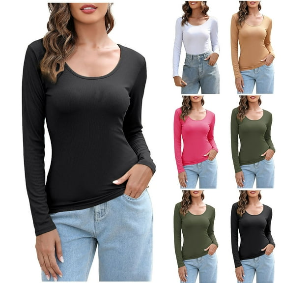 Agkizg Womens Fall Clothing Plus Size Womens Tops Long Sleeve Blouses Rib Knit Crew Neck Solid Color Basic Layering Tops Fall Winter Underscrubs Tee L