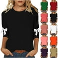 thumbnail image 1 of Agkizg Womens Fall Clothing Plus Size Womens Tops Long Sleeve Blouses Solid Color Crew Neck 3/4 Sleeve Bow Detail Loose Fitting T-Shirt L, 1 of 5
