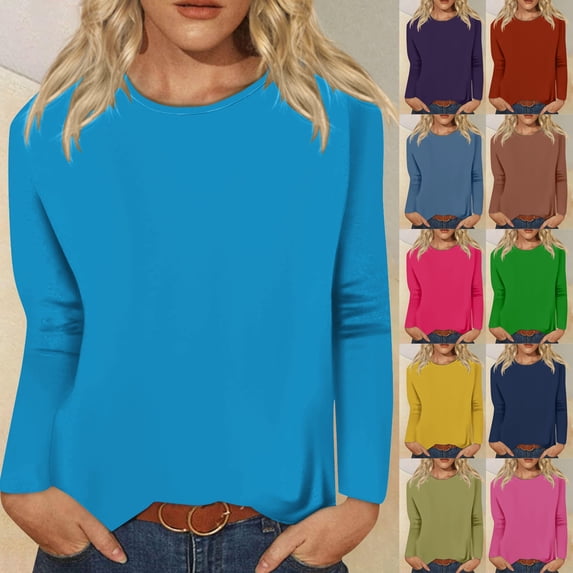 Agkizg Womens Fall Clothing Plus Size Womens Tops Long Sleeve Blouses Solid Color Crew Neck Long Sleeve Basic Casual T-Shirt Top for Fall Winter Daily Wear XL