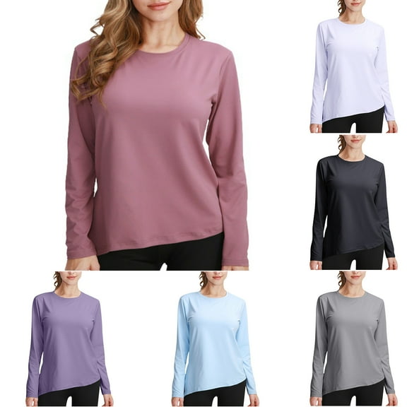 Agkizg Womens Fall Clothing Plus Size Womens Tops Long Sleeve Blouses Solid Color Crew Neck Long Sleeve Quickly Dry Yoga Active Top for Fall Workout Casual Wear S