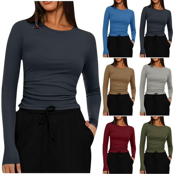 Agkizg Womens Fall Clothing Plus Size Womens Tops Long Sleeve Blouses Solid Color Crew Neck Long Sleeve Slim Fitting Top for Women Casual Basic Fall Outfits Tops S