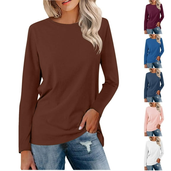 Agkizg Womens Fall Clothing Plus Size Womens Tops Long Sleeve Blouses Solid Color Long Sleeve Crew Neck Shirt Top for Women Relaxed Fall Winter S