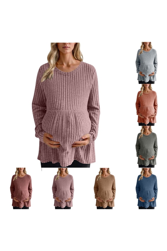 Womens Fall Clothing Plus Size Womens Tops Long Sleeve Blouses Solid Color Maternity Waist Ruching Stretchy Knit Pullover Top for Fall Winter L