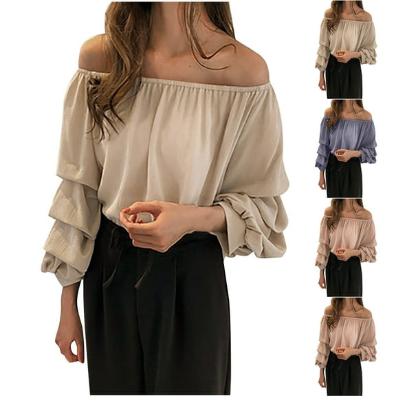 Agkizg Womens Fall Clothing Plus Size Womens Tops Long Sleeve Blouses Solid Color Stand Collar Ruffle Trims Off The Shoulder Long Sleeve Casual Chiffon Top XXXL