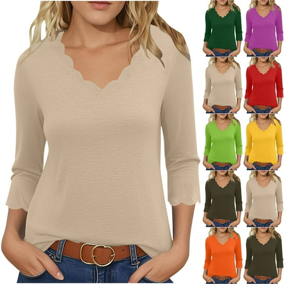 Agkizg Womens Fall Clothing Plus Size Womens Tops Long Sleeve Blouses Solid Color V Neck 3/4 Sleeve Pullover Casual Layering Tops for Fall Winter XXL