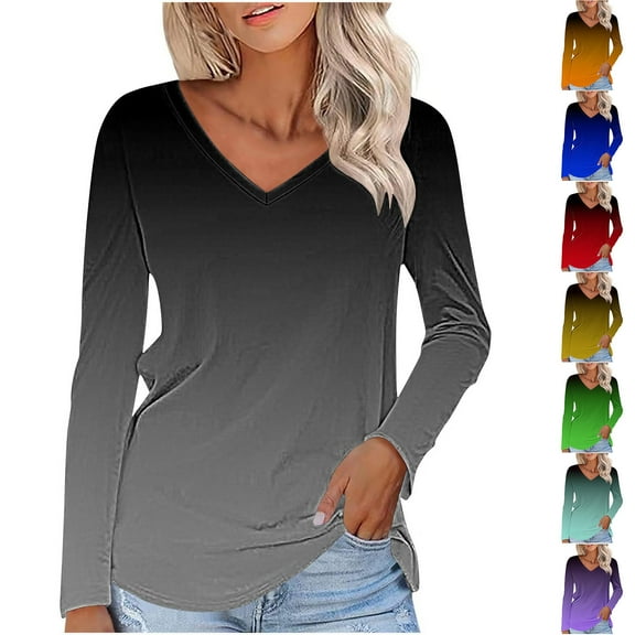 Agkizg Womens Fall Clothing Plus Size Womens Tops Long Sleeve Blouses Solid Color V-Neck Long Sleeve Shirt Casual Loose Fitting Top for Daily Wear Fall Winter Outfits S