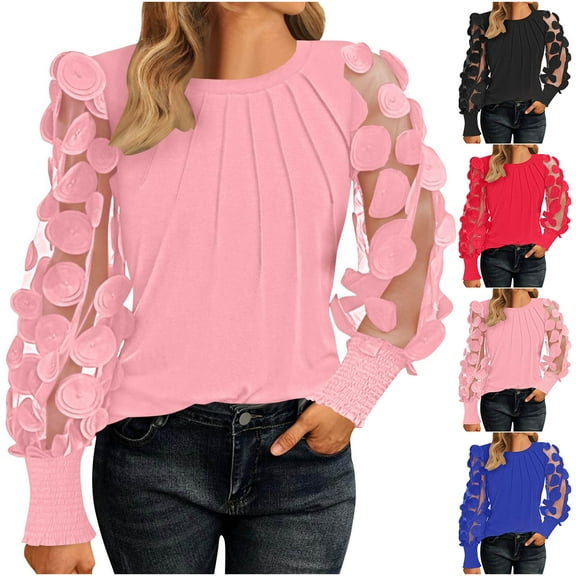 Agkizg Womens Fall Clothing Plus Size Womens Tops Long Sleeve Blouses Style Crew Neck Long Sleeve Mesh Sleeve Chest Ruffle T-Shirt Casual Top for Fall Winter S
