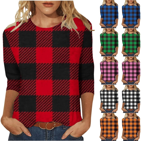 Agkizg Womens Fall Clothing Plus Size Womens Tops Print 3/4 Sleeve Crew Neck Loose Fitting T-Shirt Casual Top for Fall Winter Daily Outfits S