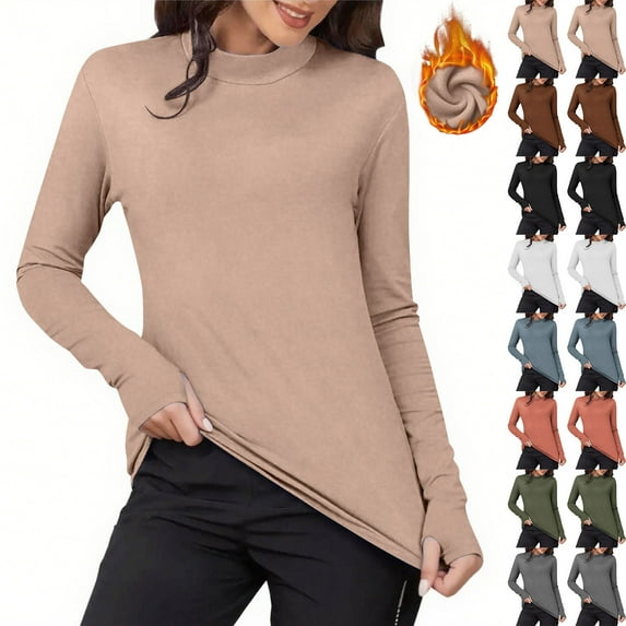 Agkizg Womens Fall Clothing Plus Size Womens Tops Solid Color Half-High Neck Long Sleeve Velvet Warm Base Layer Shirt with Thumb Hole for Fall Winter S
