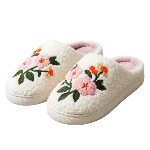 Agkizg Womens Fuzzy Slippers, House Slippers, Floral Embroidery Plushes House Slippers Soft Warm Indoor Winter Slippers for Bedroom Living Room