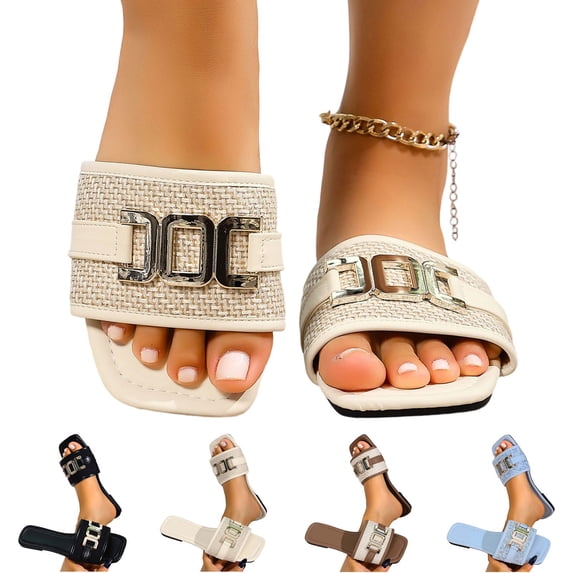 Agkizg Womens Indoor Outdoor Slides, Beach Walking Sandals, Squares Toe Metal Decorative Slide Sandals Breathable Comfortable Plus Size Open Toe Summer Beach Casual Slippers