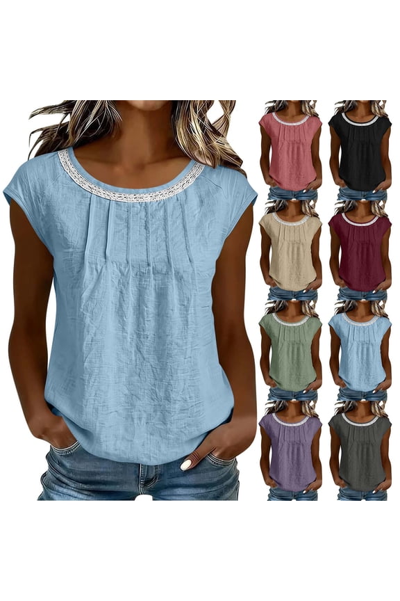 Womens Linen Cottons Top with Lace Trims Crew Neck Raglan Sleeve Loose Fitting Ruffled Collar Short Sleeve Blouse, Sizes L