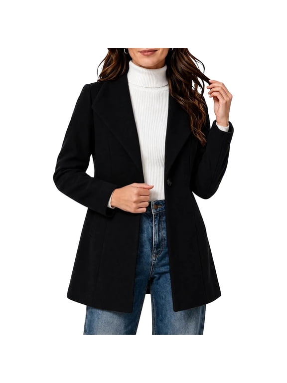 Womens Notched Lapel One Button Wool Blends Coat, Long Sleeve Mid Length Flared Hem Winter Dress Overcoat, Sizes S